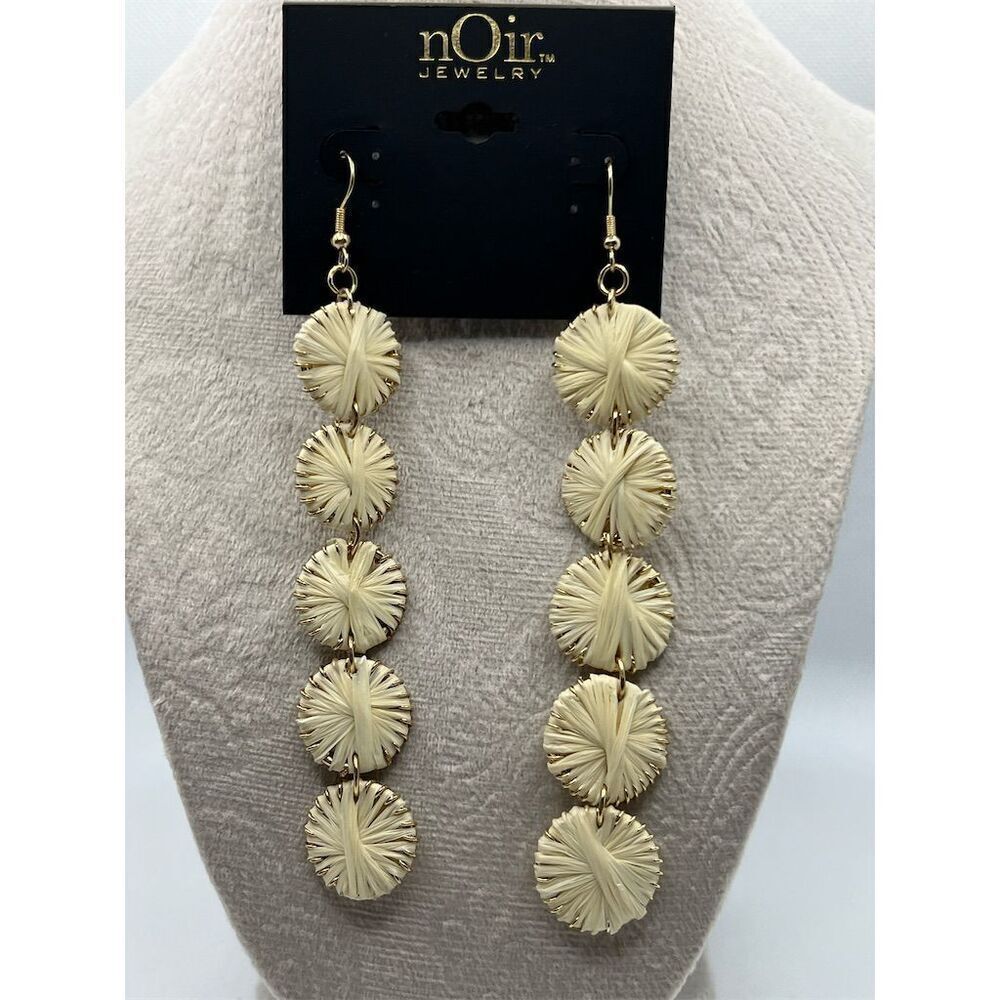 nOir Jewelry Raffia Flower Dangle Drop Earrings 4" Hook Closure B70